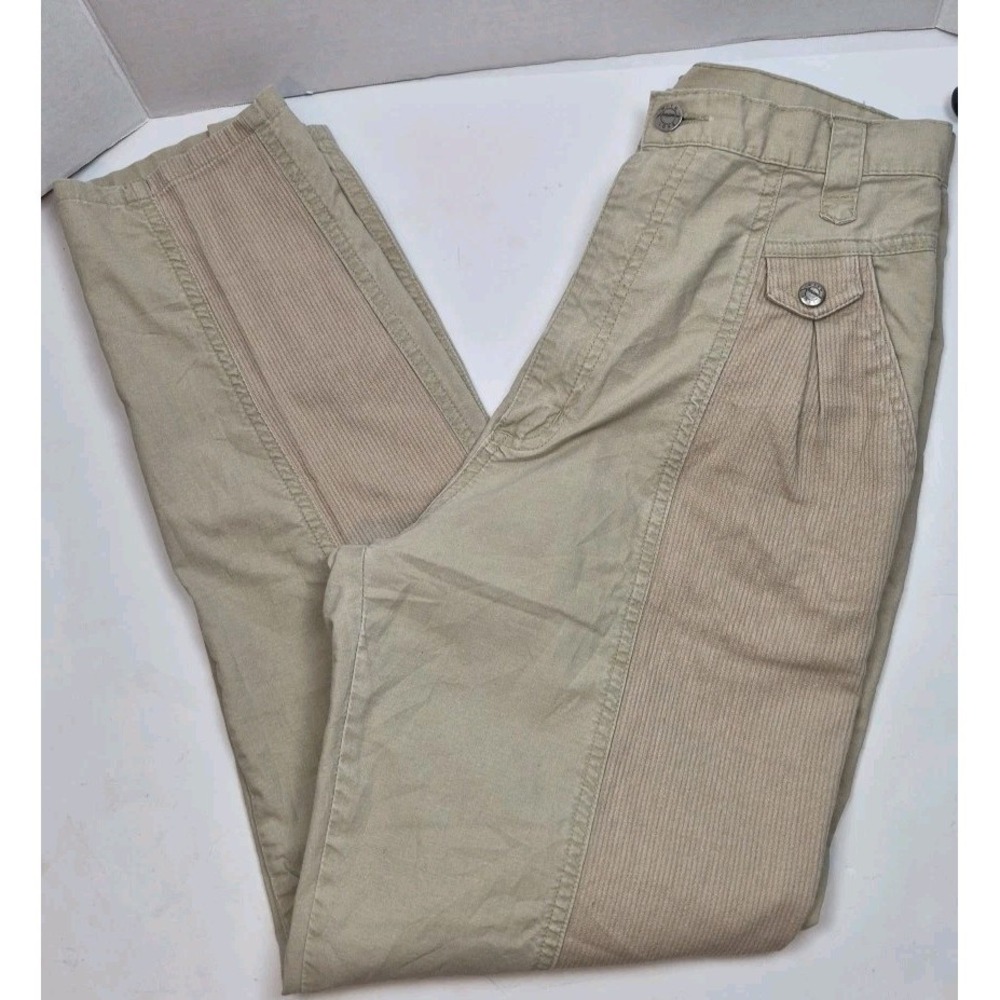 Vtg 80s Amancio High Waisted Safari Pants Khaki Corduroy Mixed Media Boho 28W